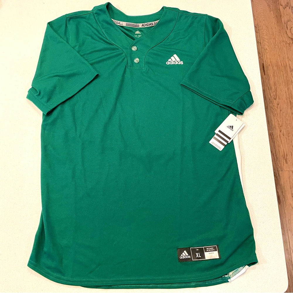 Adidas Baseball Two Button Shirt! NWT! Green and white stripes.